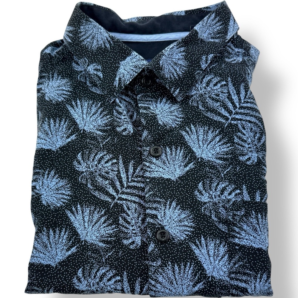 Nat Nast Black‎ Blue Palm Silk Cotton Short Sleeve Button Shirt Men's Size Large
